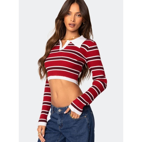 Edikted Tops - Edikted Striped Crop Top Womens S Red Ribbed Polo Y2K Retro Preppy Academia
